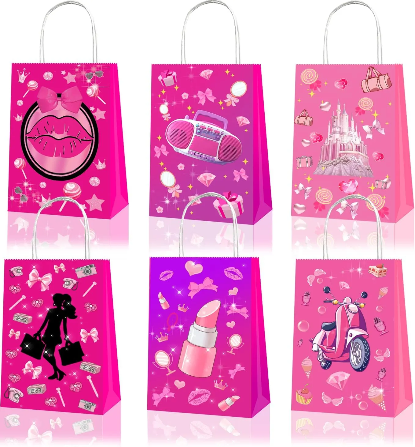 LTHOENG 15pcs Pink Girl Party Bags, Princess Gift Bags Candy Goodie Treat Hot Pink Party Favors Bags with Handles for Girls Princess Theme Party Decoration Birthday Supplies