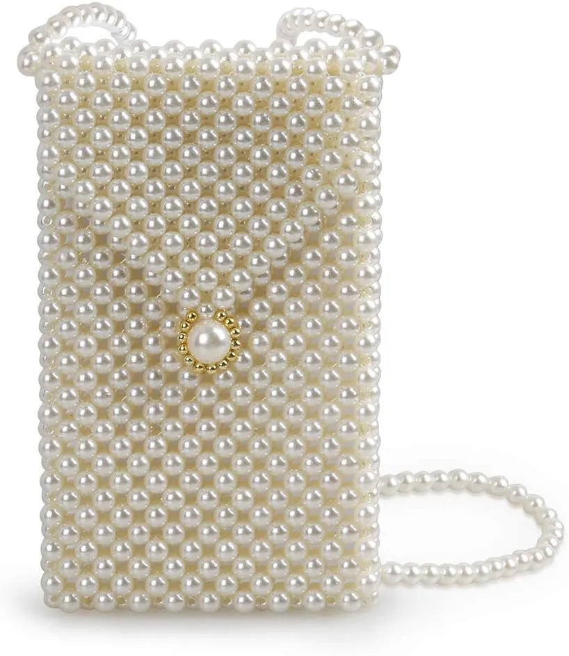 Luxury White Pearl Purses Shoulder Bag for Women Pearl Bag Crossbody Beaded Clutch Evening Bag (WhiteSet2)