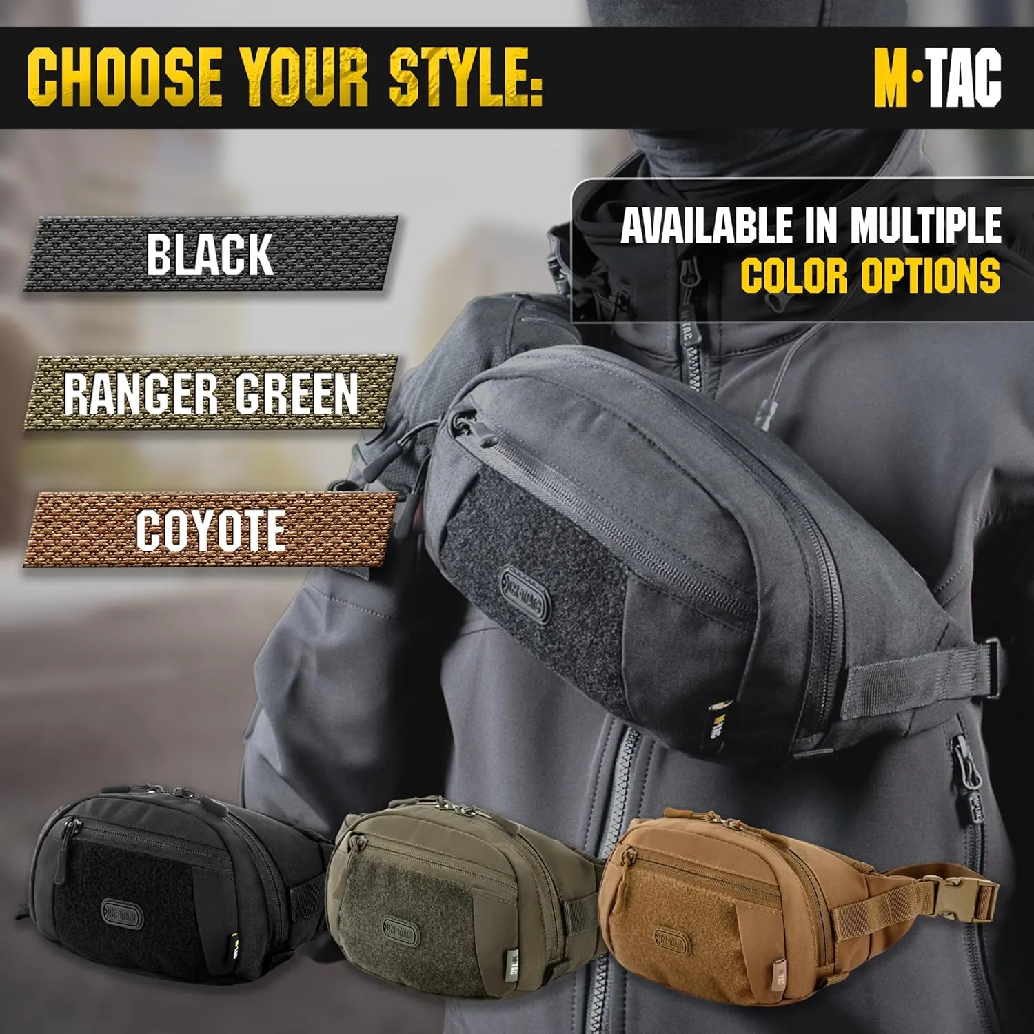 M-Tac Tactical Fanny Pack for Men - Large Companion Waist Bag - Black Cross Body Belt Bag for EDC - Waist Pack
