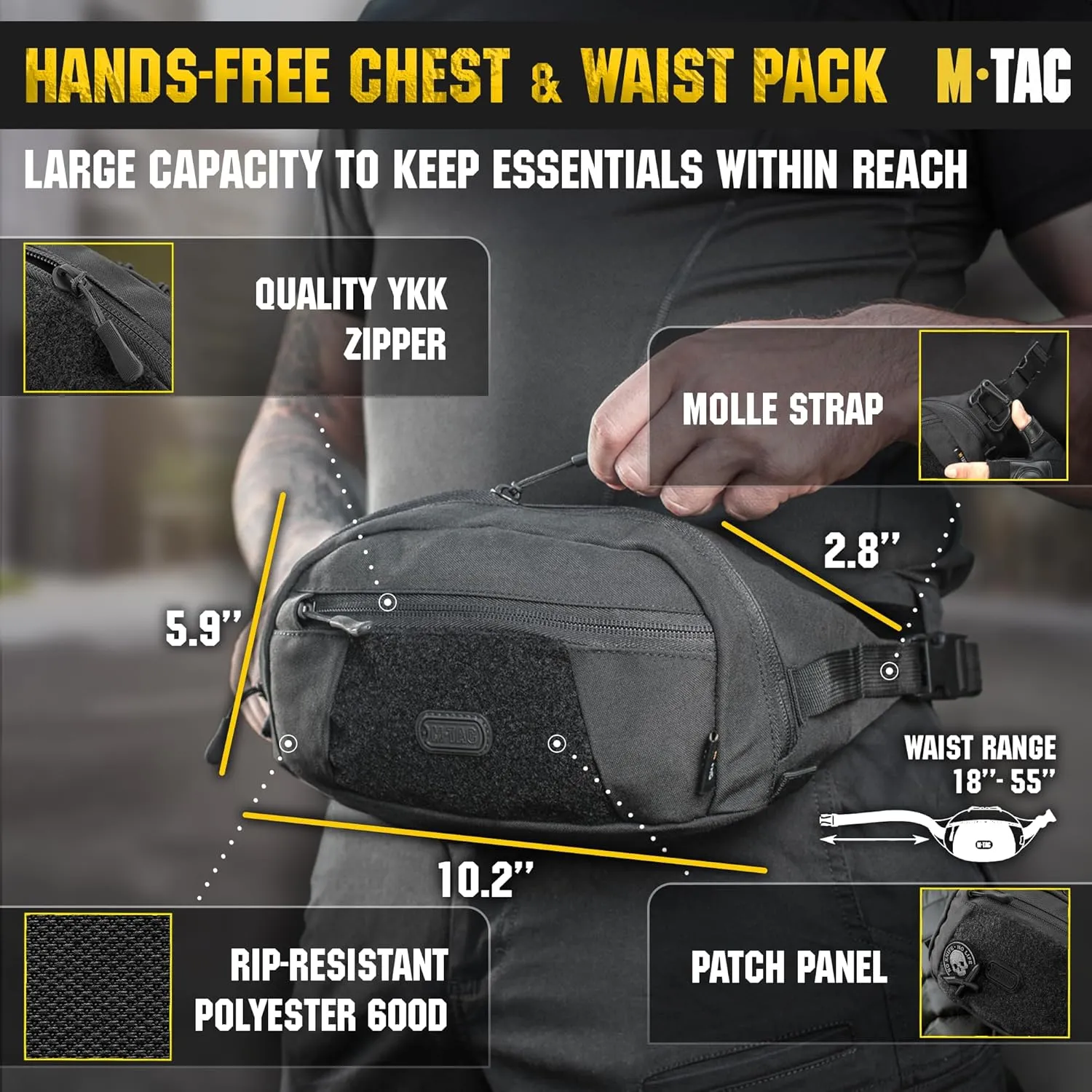 M-Tac Tactical Fanny Pack for Men - Large Companion Waist Bag - Black Cross Body Belt Bag for EDC - Waist Pack