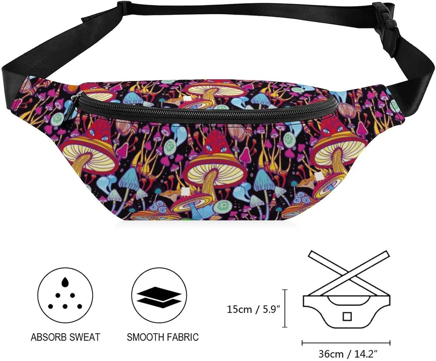 Magic Doodle Mushrooms Fanny Pack for Women Men Small Running Belt Waist Pouch Bag with Zipper Adjustable Strap Casual Waist Pack Hands-Free Phone Holder with Headphone for Travel Jogging Hiking Walki