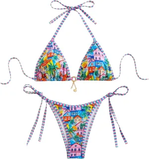 MakeMeChic Women's 2 Piece Bikini Sets Graphic Print Tie Back Halter Swimsuit Bathing Suit