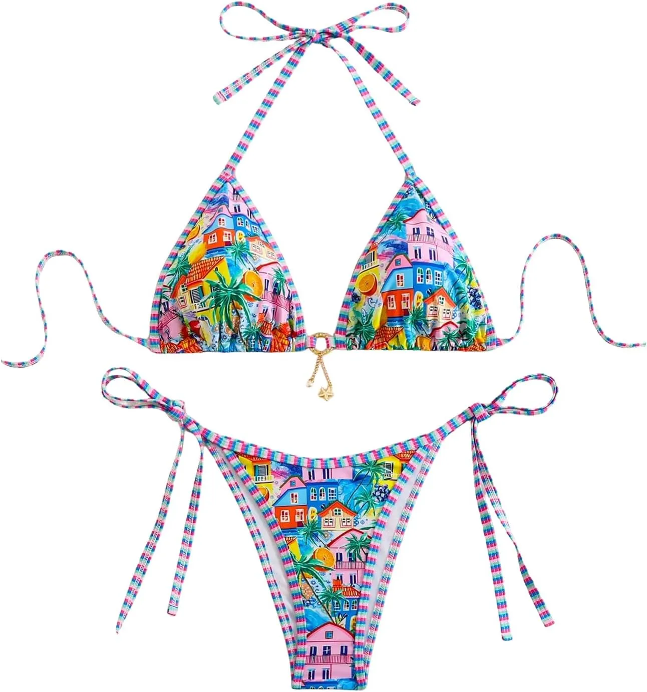 MakeMeChic Women's 2 Piece Bikini Sets Graphic Print Tie Back Halter Swimsuit Bathing Suit