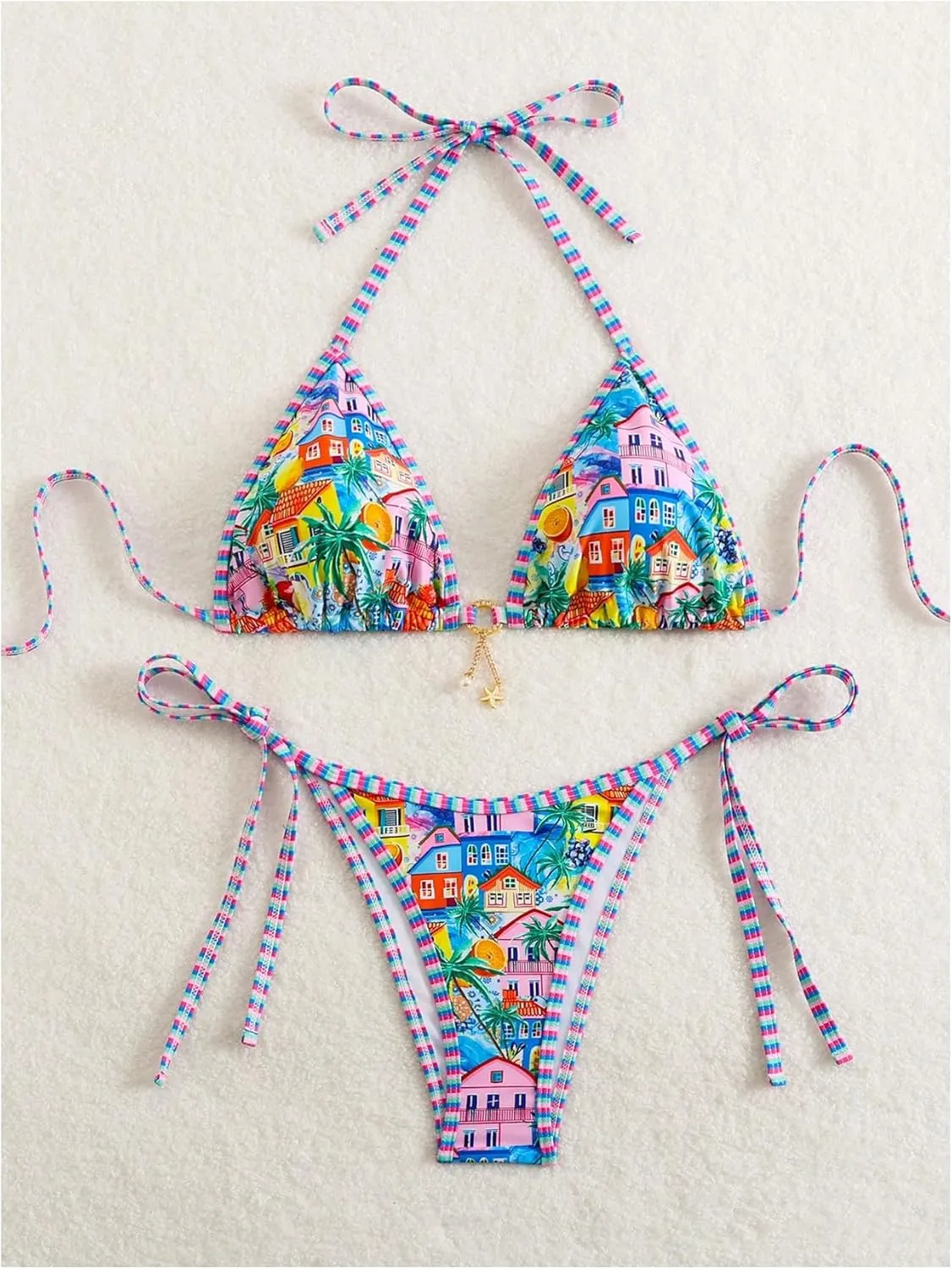 MakeMeChic Women's 2 Piece Bikini Sets Graphic Print Tie Back Halter Swimsuit Bathing Suit