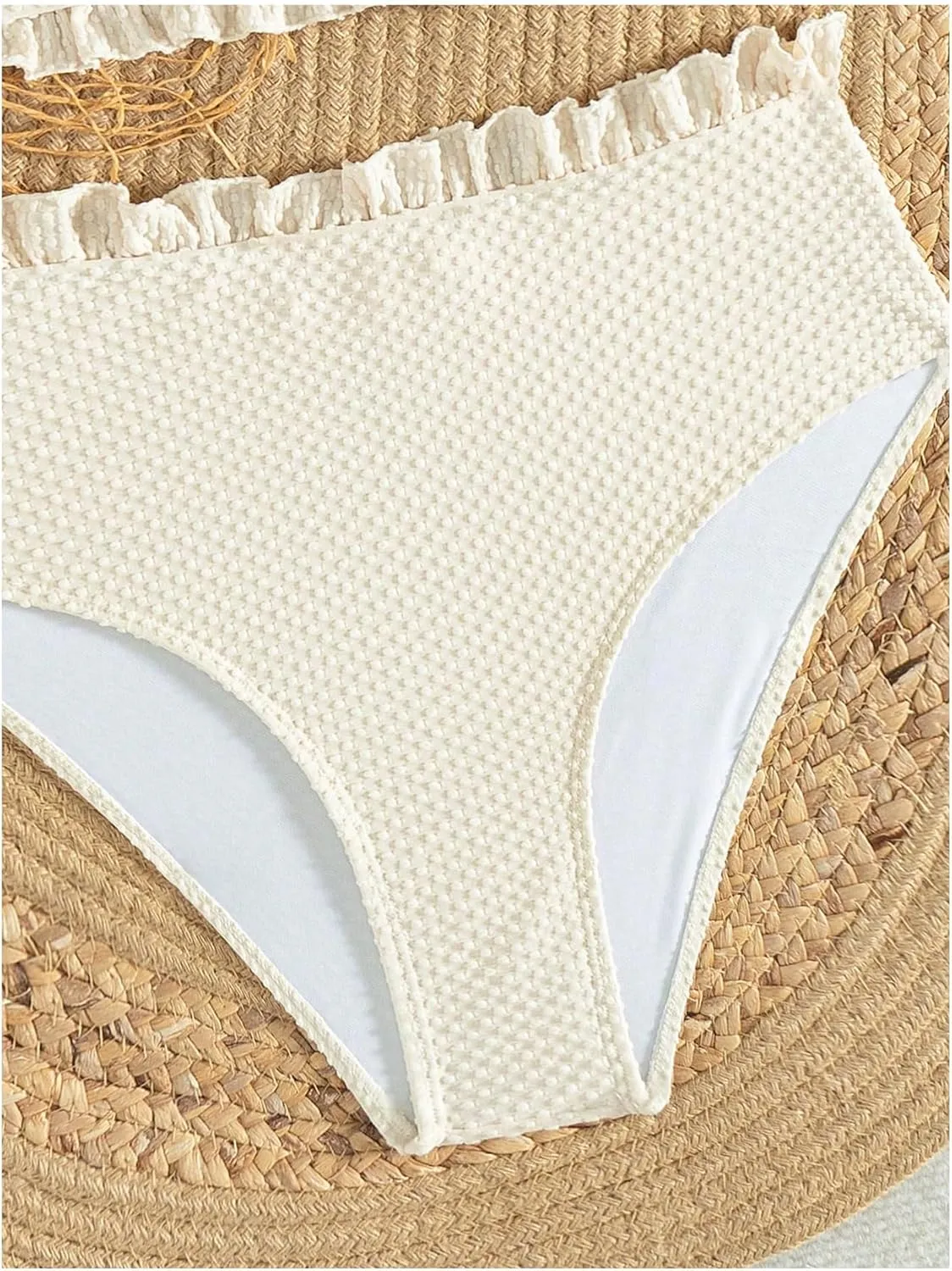 MakeMeChic Women's 2 Piece Bikini Sets Textured High Waist Frill Trim Bathing Suit Swimsuit Beachwear