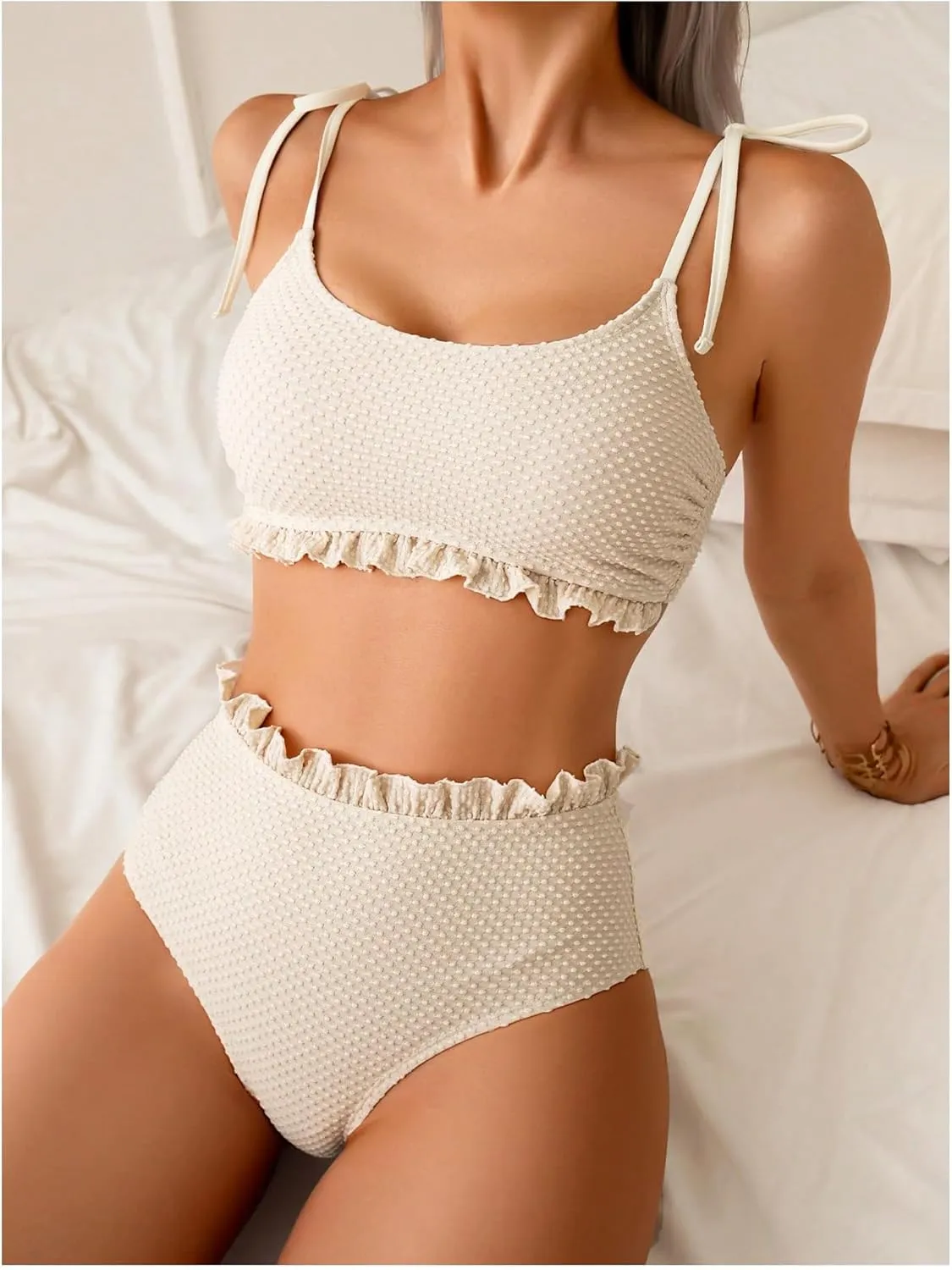 MakeMeChic Women's 2 Piece Bikini Sets Textured High Waist Frill Trim Bathing Suit Swimsuit Beachwear