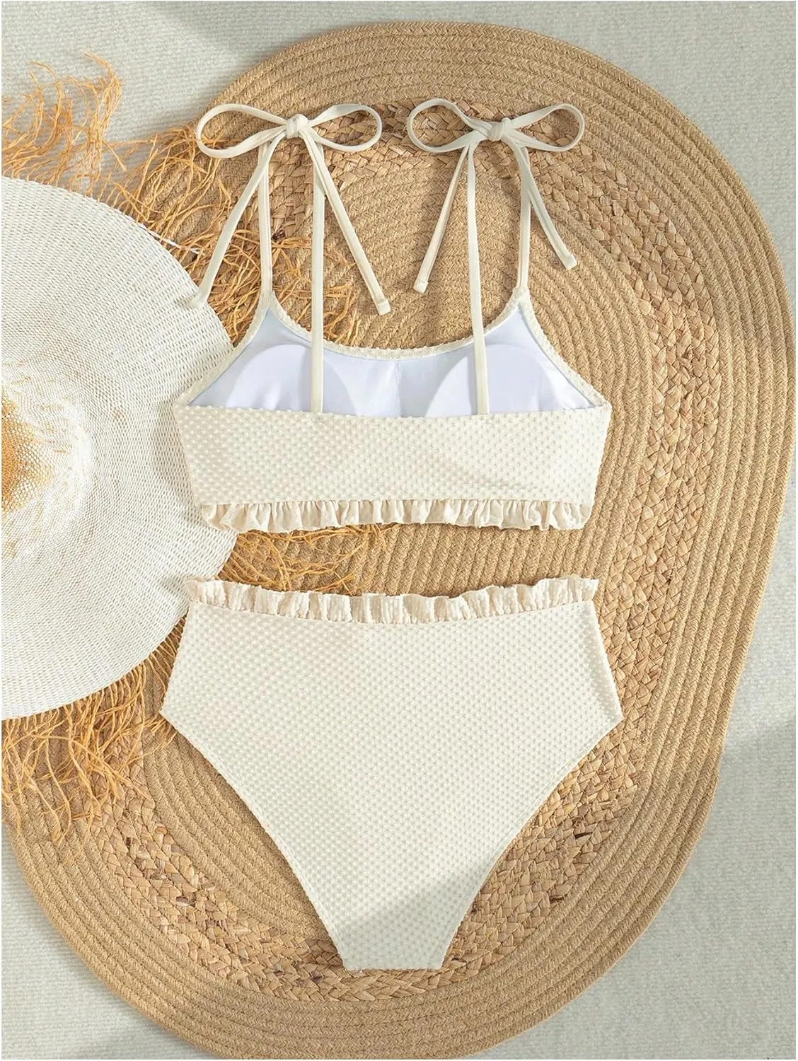 MakeMeChic Women's 2 Piece Bikini Sets Textured High Waist Frill Trim Bathing Suit Swimsuit Beachwear