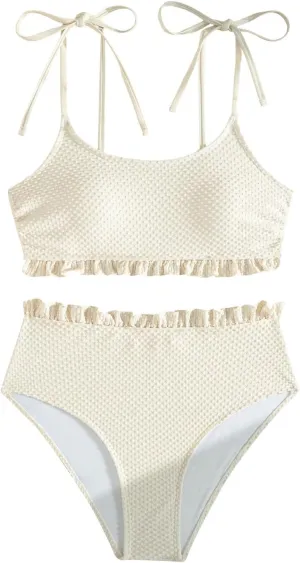 MakeMeChic Women's 2 Piece Bikini Sets Textured High Waist Frill Trim Bathing Suit Swimsuit Beachwear