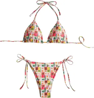 MakeMeChic Women's Bikini Sets Tie Side Bathing Suits Tropical Print Triangle Tie Back Cheeky Swimsuit