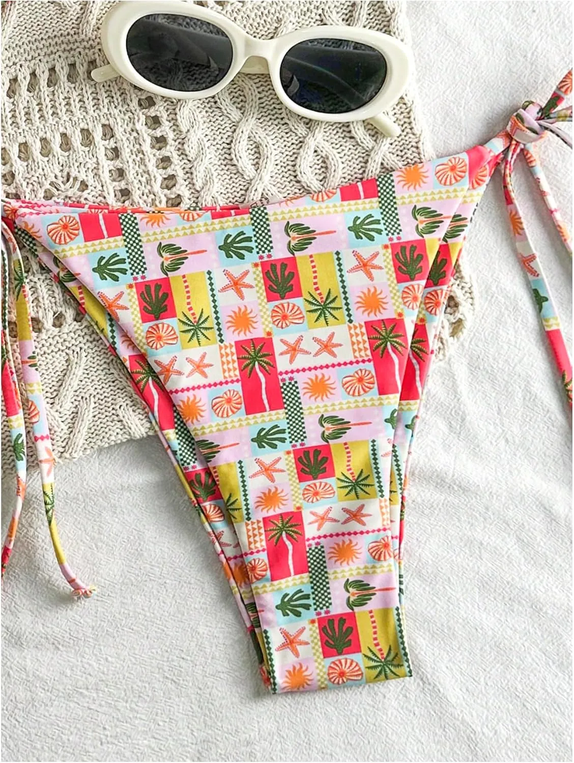 MakeMeChic Women's Bikini Sets Tie Side Bathing Suits Tropical Print Triangle Tie Back Cheeky Swimsuit