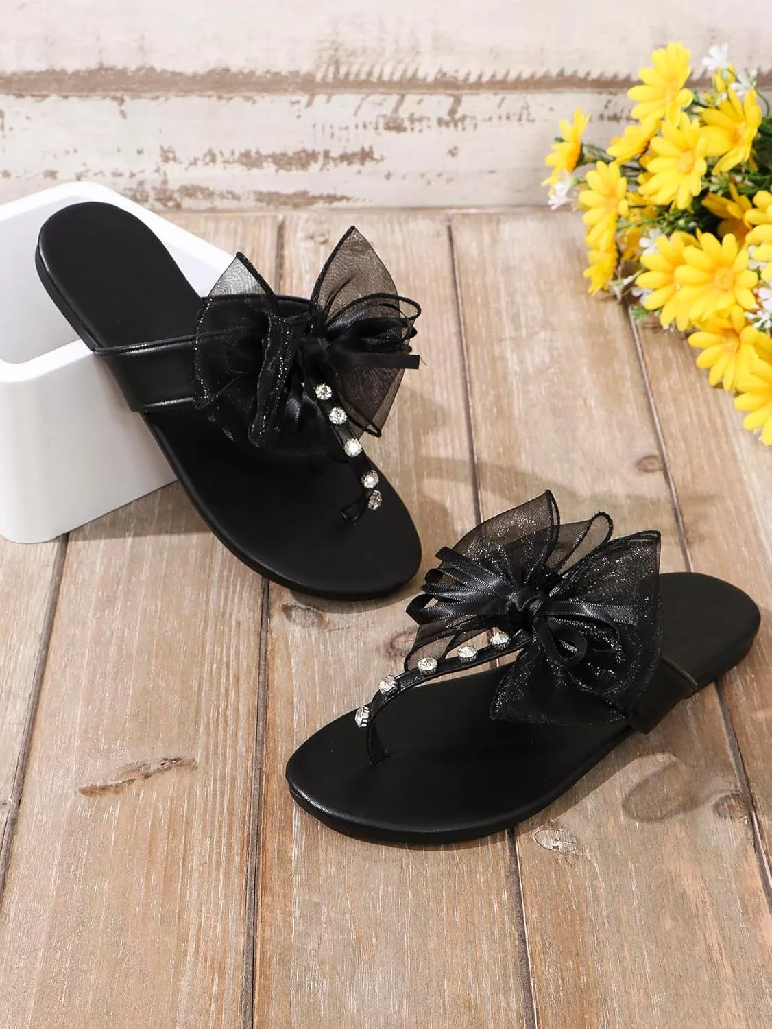 MakeMeChic Women's Bow Rhinestone Flip Flop Flat Sandals Open Toe Slip On Summer Slides