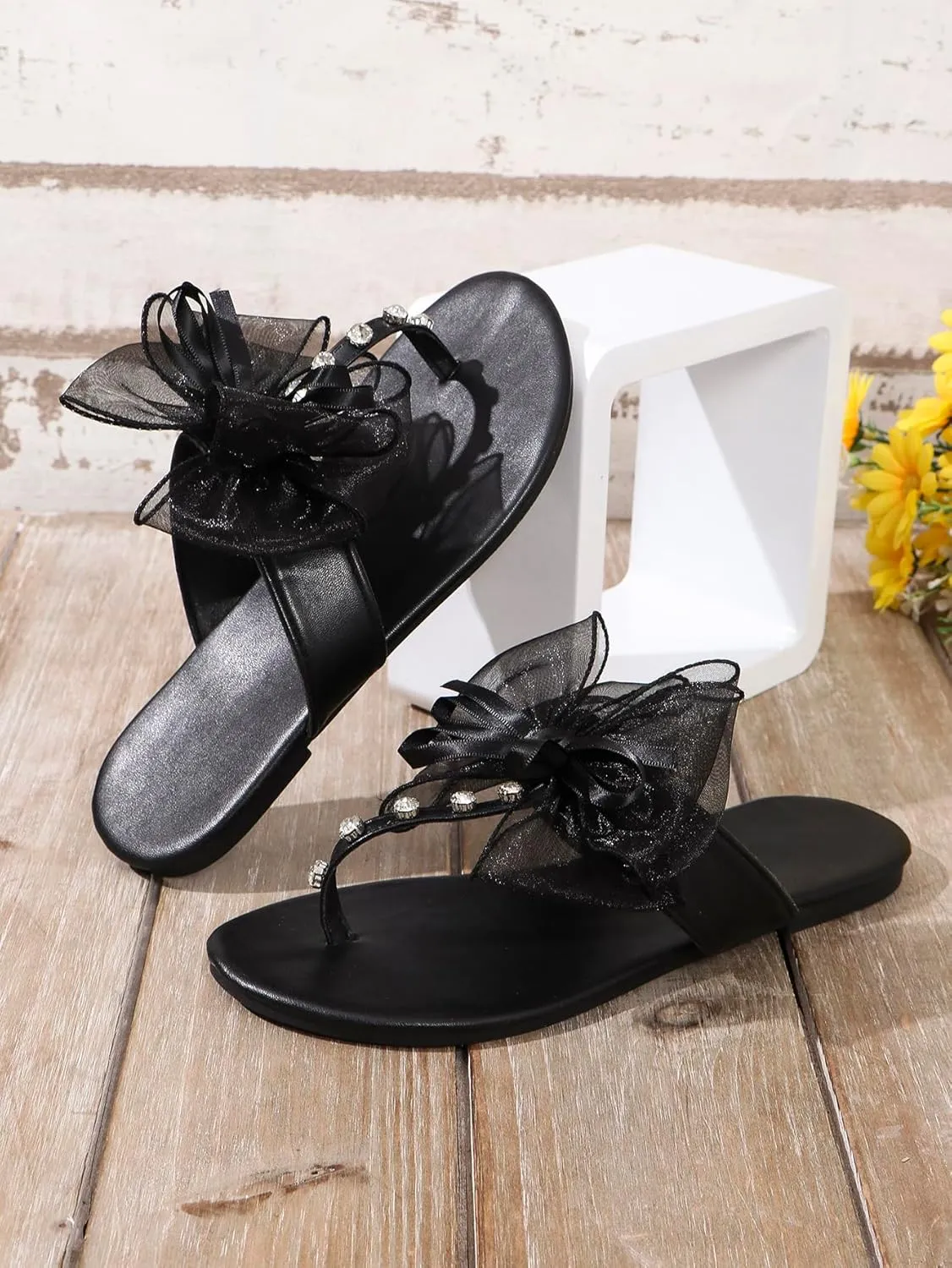 MakeMeChic Women's Bow Rhinestone Flip Flop Flat Sandals Open Toe Slip On Summer Slides