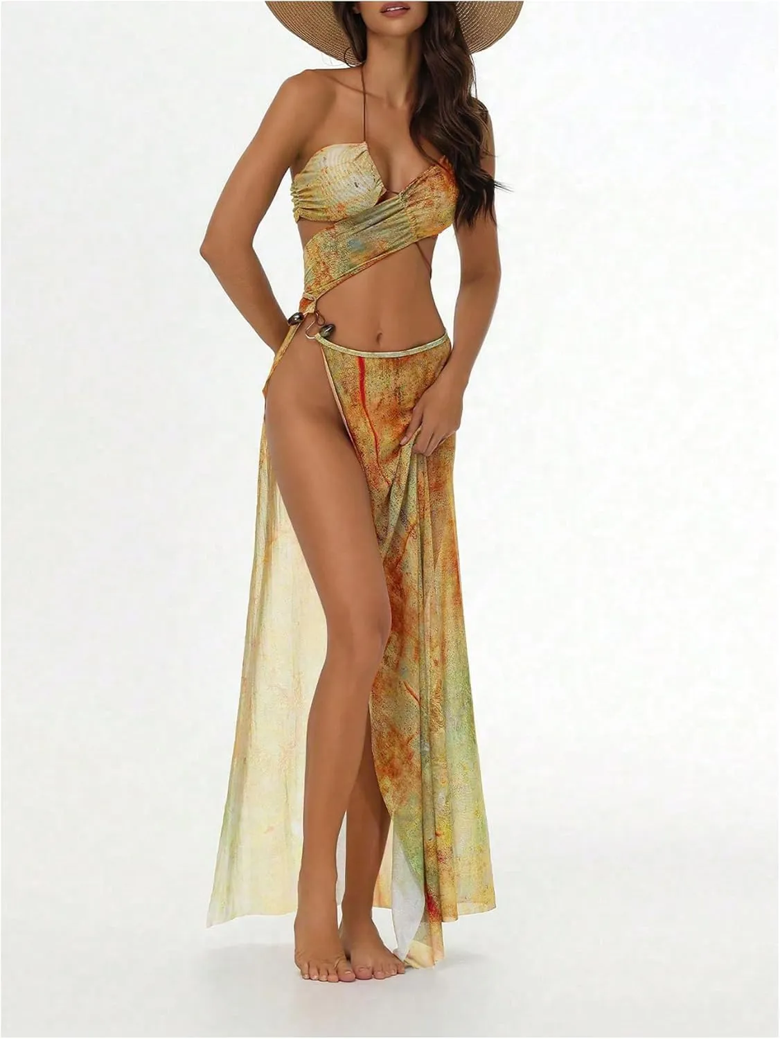 MakeMeChic Women's Halter Mesh Sheer Ruched Asymmetrical Swimsuit Coverup Beach Dress