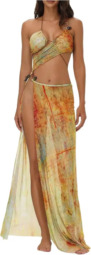 MakeMeChic Women's Halter Mesh Sheer Ruched Asymmetrical Swimsuit Coverup Beach Dress
