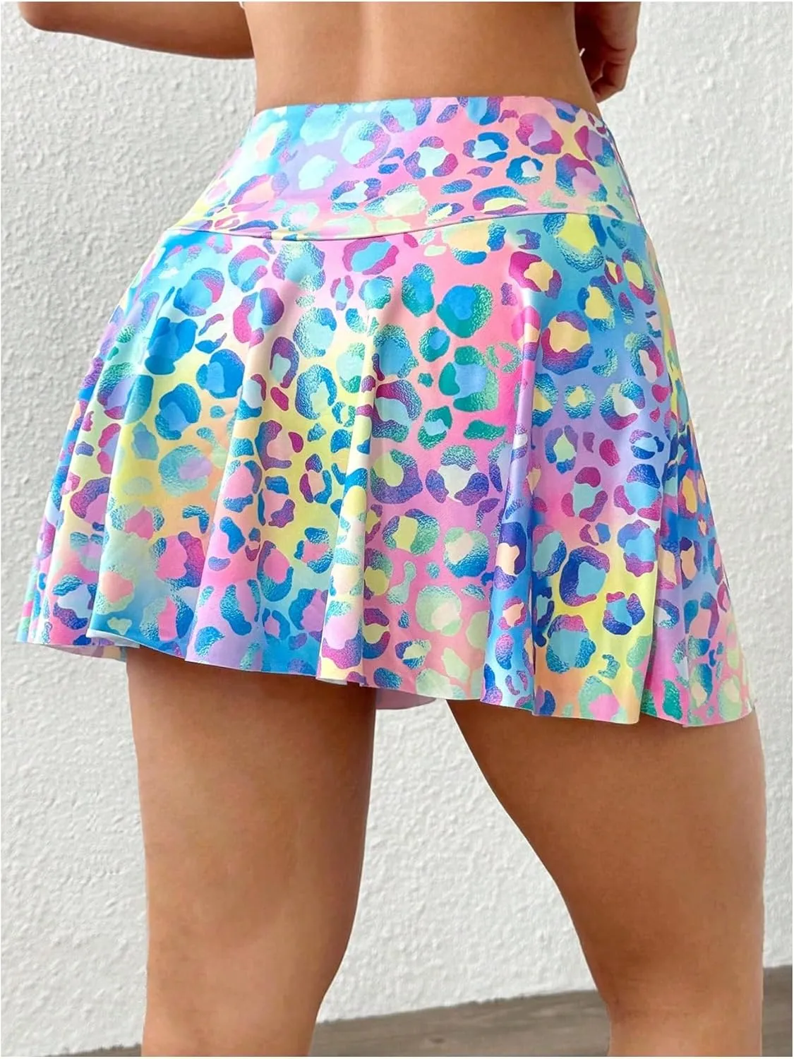MakeMeChic Women's Leopard Print Skirt Metallic Ruffle A Line Elastic Waist Athletic Yoga Skorts