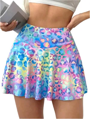 MakeMeChic Women's Leopard Print Skirt Metallic Ruffle A Line Elastic Waist Athletic Yoga Skorts