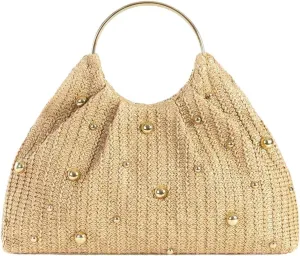 MakeMeChic Women's Straw Beaded Handbag Ruched Circle Handle Evening Bag Clutch Purse