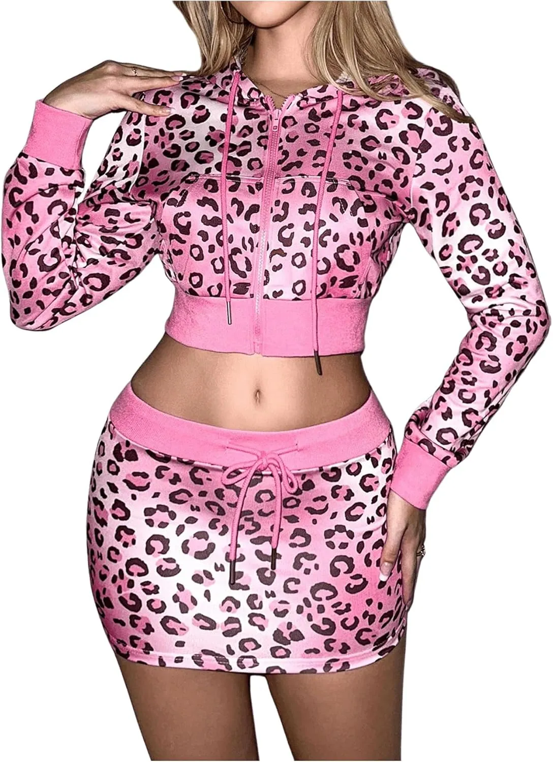 MakeMeChic Women's Two Piece Outfit Leopard Print Hooded Full Zip Crop Sweatshirt and Bodycon Mini Skirt Set