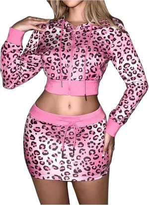 MakeMeChic Women's Two Piece Outfit Leopard Print Hooded Full Zip Crop Sweatshirt and Bodycon Mini Skirt Set
