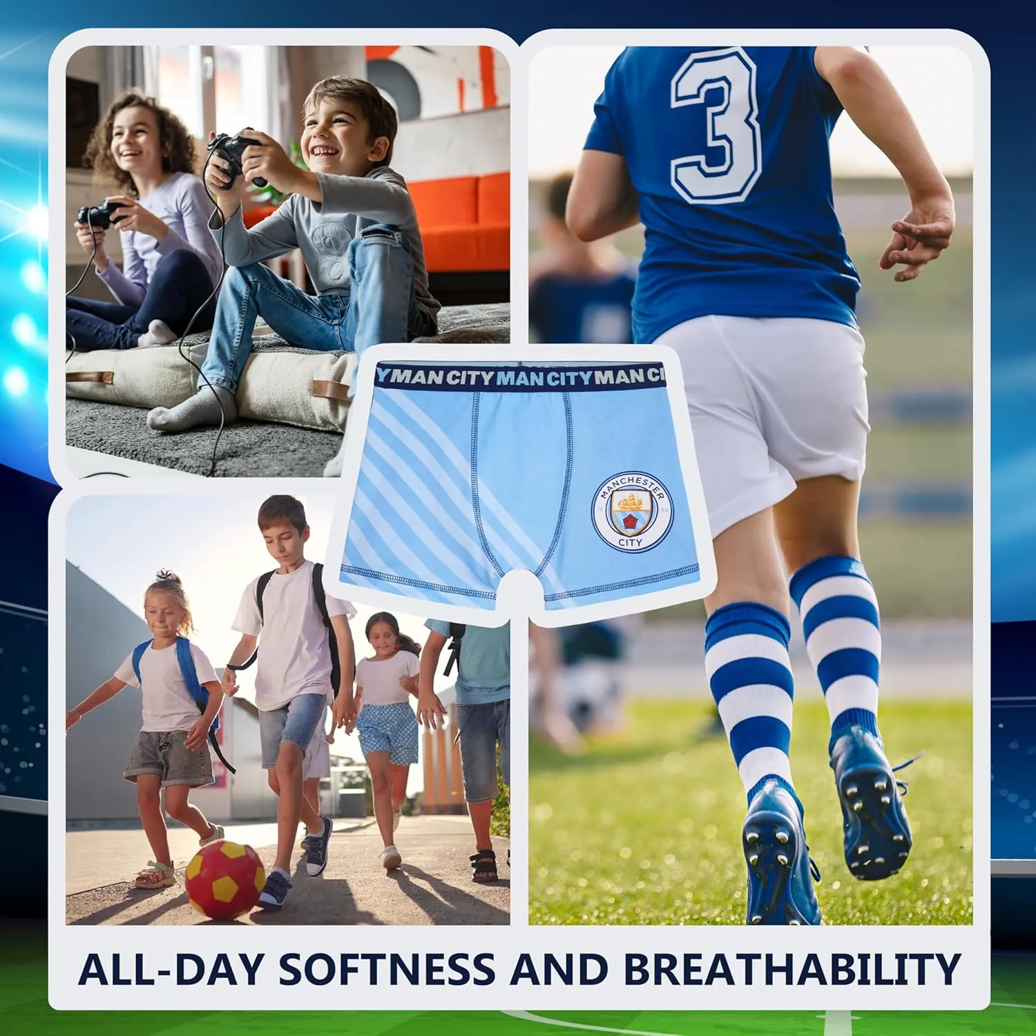 Manchester City F.C. Boys Boxer Briefs Soft Breathable Kids Underwear, Pack of 3