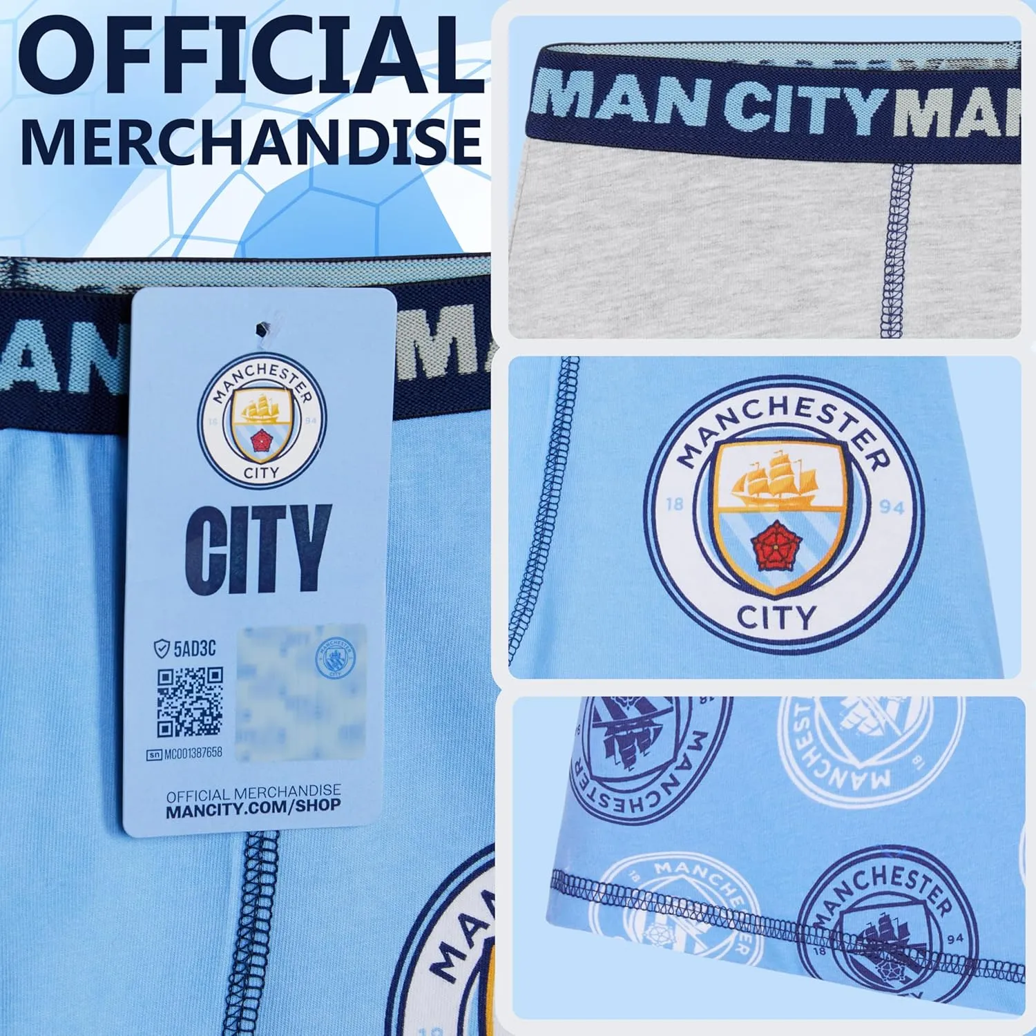 Manchester City F.C. Boys Boxer Briefs Soft Breathable Kids Underwear, Pack of 3