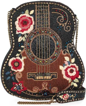 Mary Frances Classical Vibe Beaded Crossbody Handbag Floral Guitar-Shaped Evening Clutch Purse Statement Bag with Removable Strap, Brown