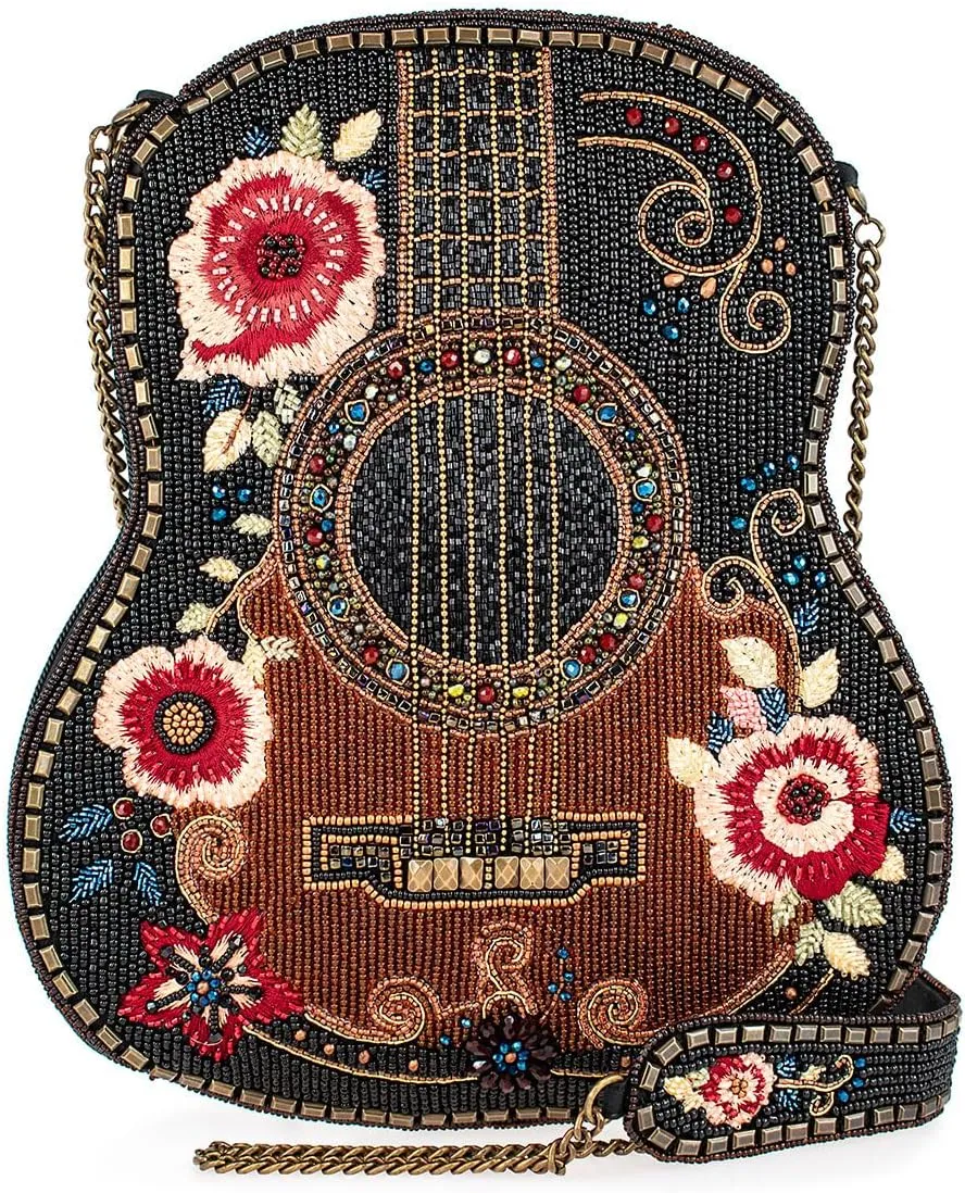 Mary Frances Classical Vibe Beaded Crossbody Handbag Floral Guitar-Shaped Evening Clutch Purse Statement Bag with Removable Strap, Brown