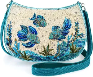 Mary Frances Fish Harmony Ocean-Themed Beaded Crossbody Bag – Vibrant Aquatic Style Novelty Evening Clutch Purse, Multicolor