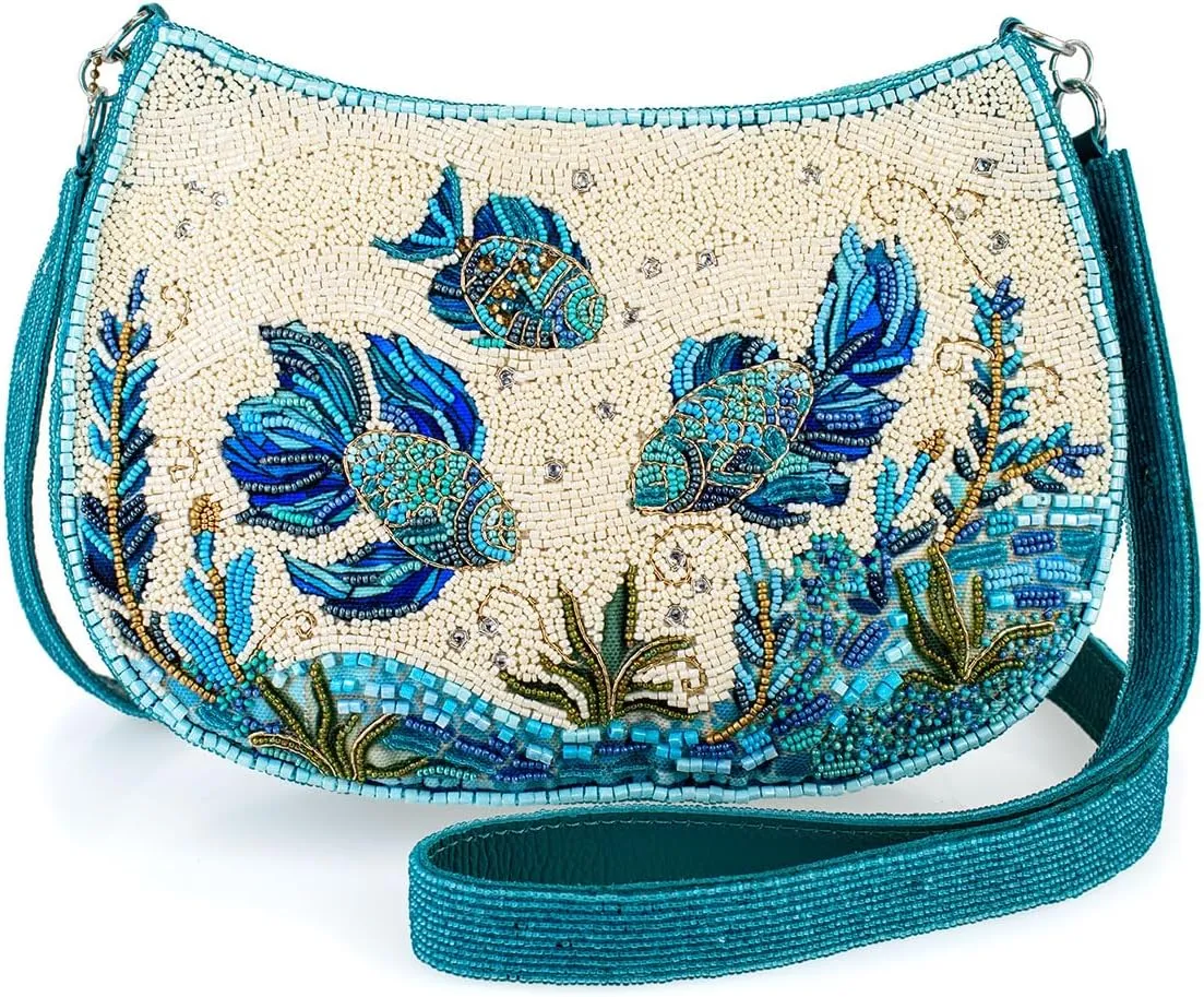 Mary Frances Fish Harmony Ocean-Themed Beaded Crossbody Bag – Vibrant Aquatic Style Novelty Evening Clutch Purse, Multicolor