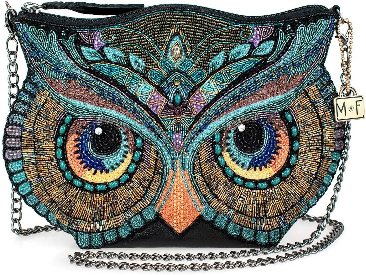 Mary Frances Head Turner Beaded Crossbody Handbag Owl Motif Novelty Purse, Multicolor