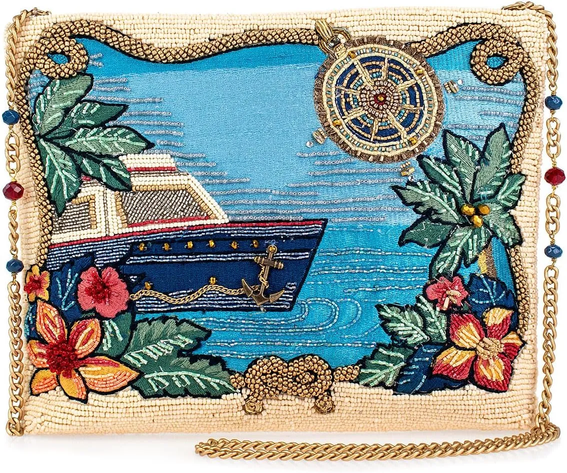 Mary Frances Open Waters Beaded Crossbody Handbag with Nautical Motif and Tropical Embroidery Novelty Evening Clutch Bag, Multicolor