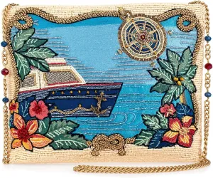 Mary Frances Open Waters Beaded Crossbody Handbag with Nautical Motif and Tropical Embroidery Novelty Evening Clutch Bag, Multicolor