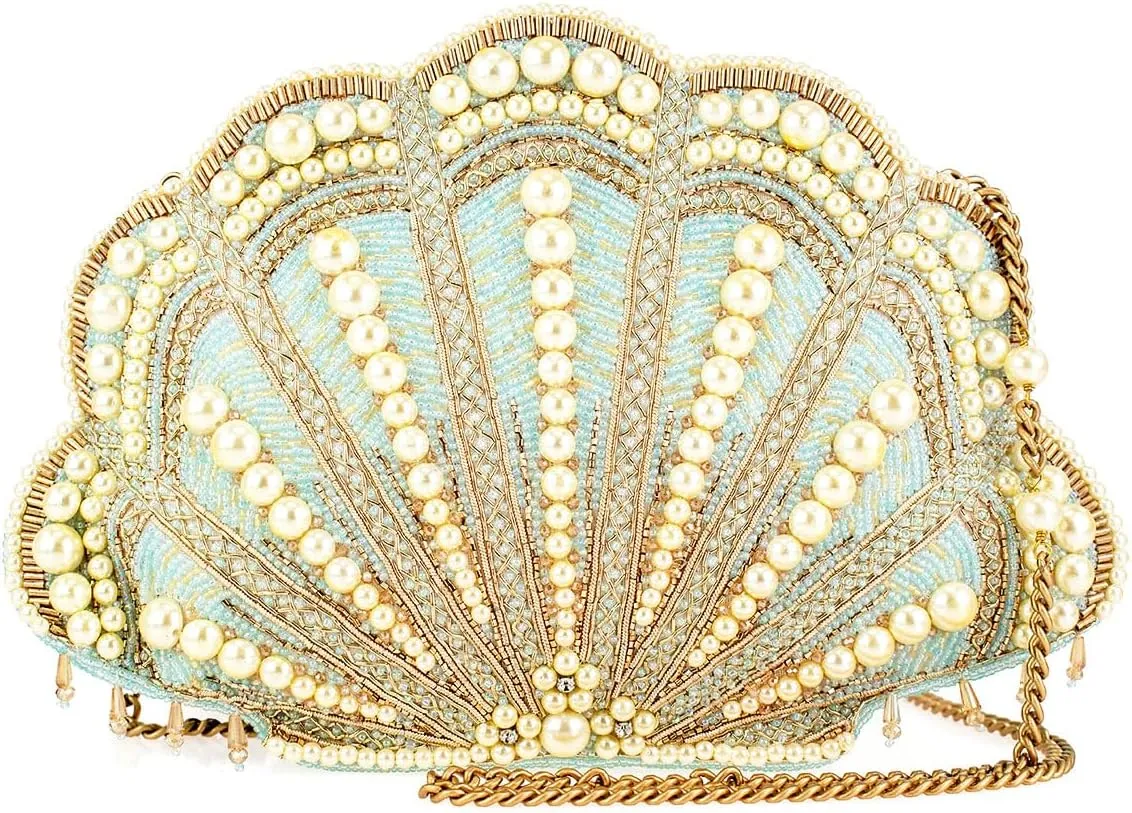 Mary Frances Seaside Beaded Crossbody Handbag Clutch with Shell Design and Pearl Accents Novelty Evening Purse, Multicolor