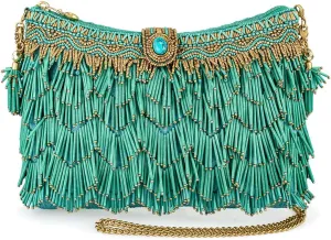 Mary Frances Shimmy Beaded Fringe Clutch Handbag – Boho Vegan Crossbody Purse with Zipper & Magnet Closure, Turquoise