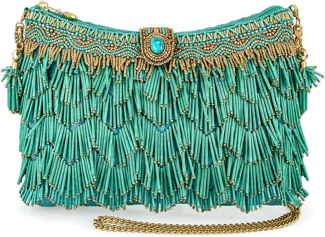 Mary Frances Shimmy Beaded Fringe Clutch Handbag – Boho Vegan Crossbody Purse with Zipper & Magnet Closure, Turquoise