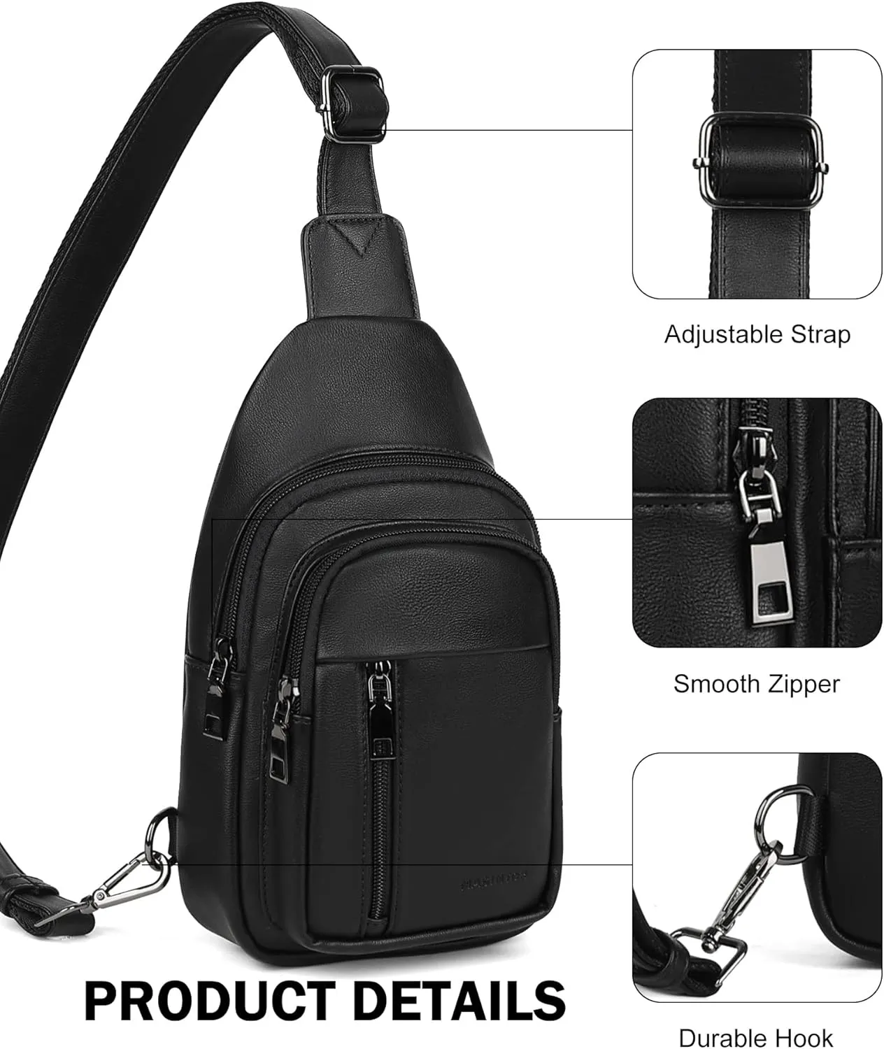 MASINTOR Sling Bag for Women - Crossbody Bags Fanny Pack with Vegan Leather - Adjustable Sling Backack for Travel Pure Black