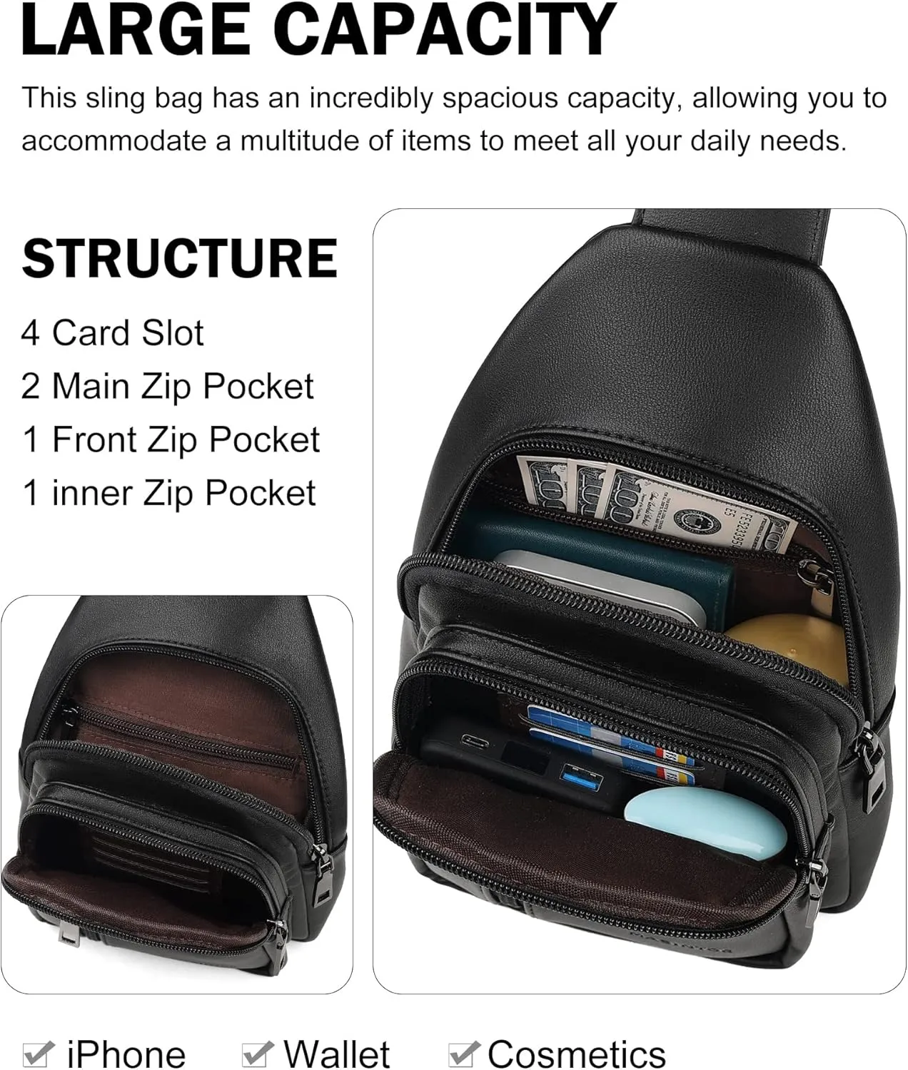 MASINTOR Sling Bag for Women - Crossbody Bags Fanny Pack with Vegan Leather - Adjustable Sling Backack for Travel Pure Black