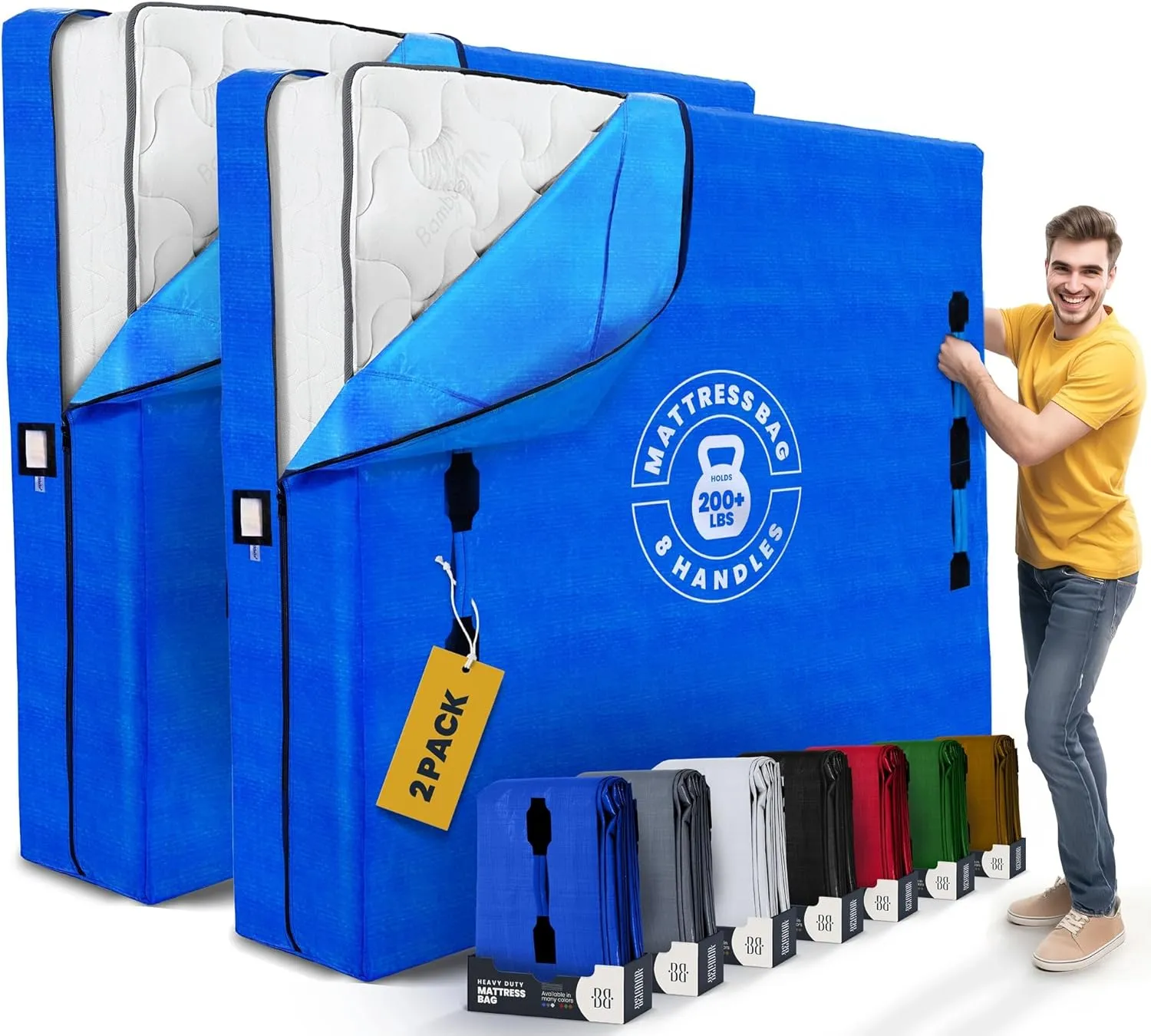 Mattress Bags for Moving with 8 Handles Full XL - 2 PACK Extra-Thick Mattress Bag for Moving - Reusable Mattress Storage Bag - Zippered Mattress Cover for Moving, Moving Mattress Bag Protector