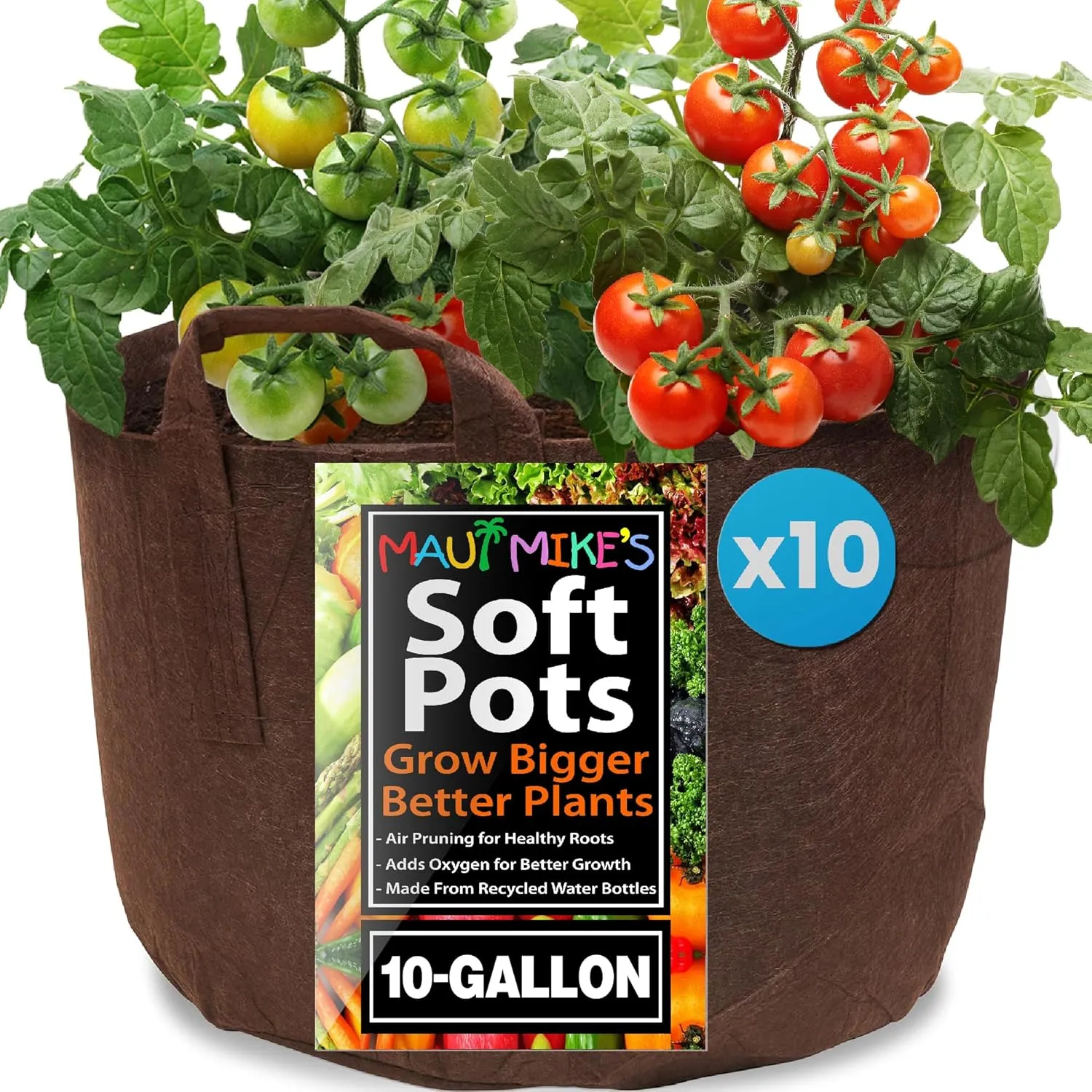 MAUI MIKE'S Root Pouch 10 Gallon/ 10 Pack Heavy Duty Grow Bag. Plant Fabric Pots with Handles. Grow Fabric Pots & Bags for Tomatoes,Vegetables and Flowers. Made from Recycled Water Bottles.