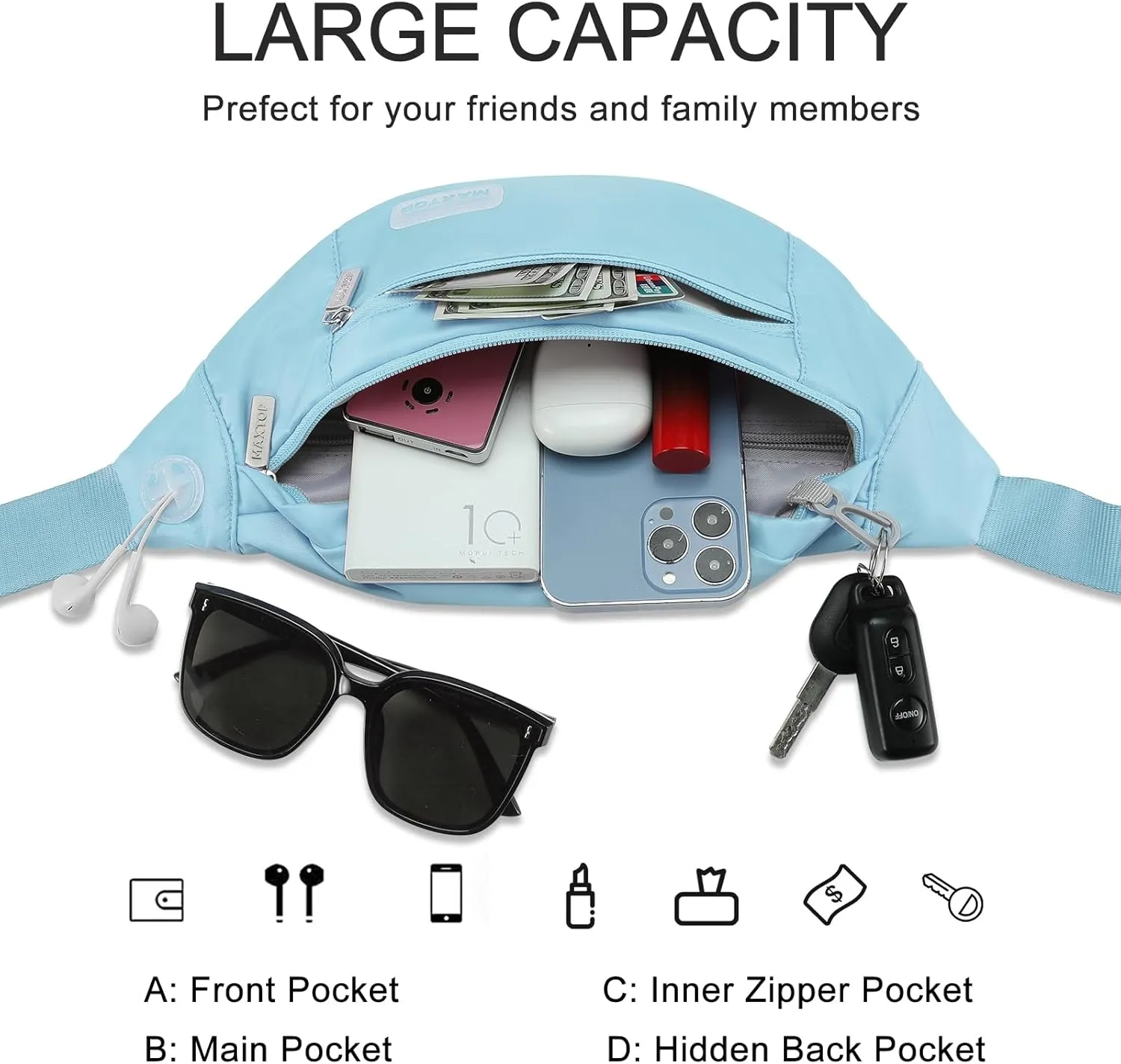 MAXTOP Large Crossbody Fanny Pack with 4-Zipper Pockets,Gifts for Enjoy Sports Festival Workout Traveling Running Casual Hands-Free Wallets Waist Pack Phone Bag Carrying All Phones