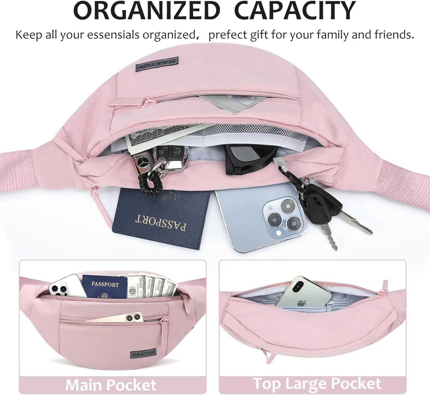 MAXTOP Large Fanny Pack Sling Bag with 4-Zipper Pockets Travel Essentials for Women Men Crossbody Bag,for Traveling Cycling Hiking Climbing Camping,Pink