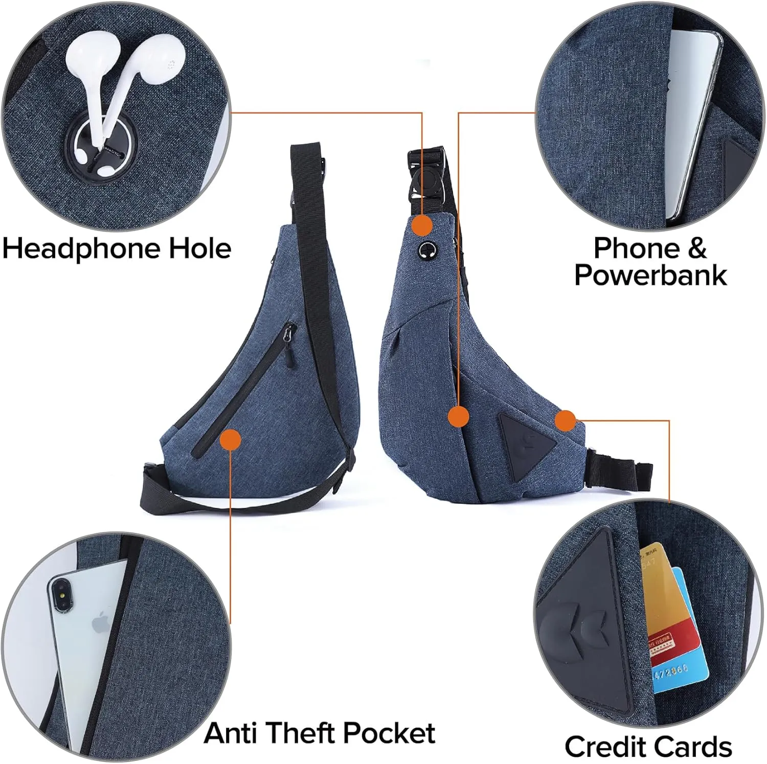 MAYMOONER Anti Theft Crossbody Bag Sling Chest Bags for Women Men Shoulder Bag Anti-theft Design for Travel Sport Work Blue