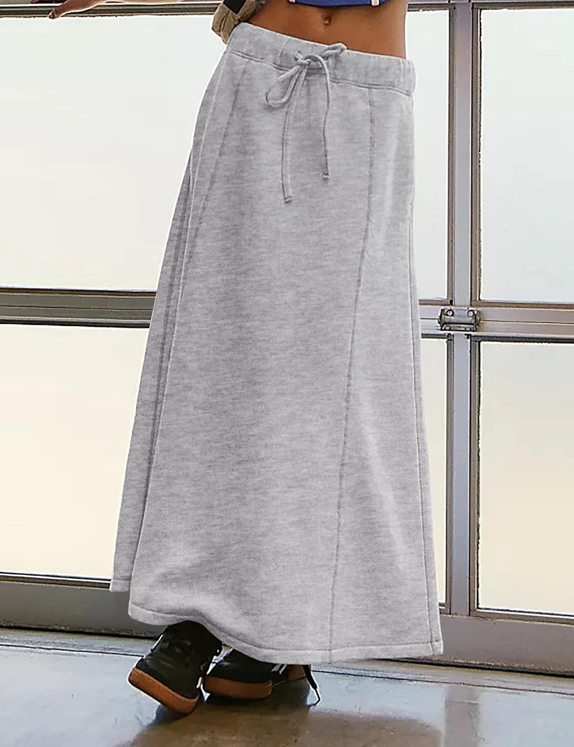Meladyan Women’s Solid A Line Maxi Sweat Skirt Relaxed Fit Low Waist Athletic Skirt with Pockets