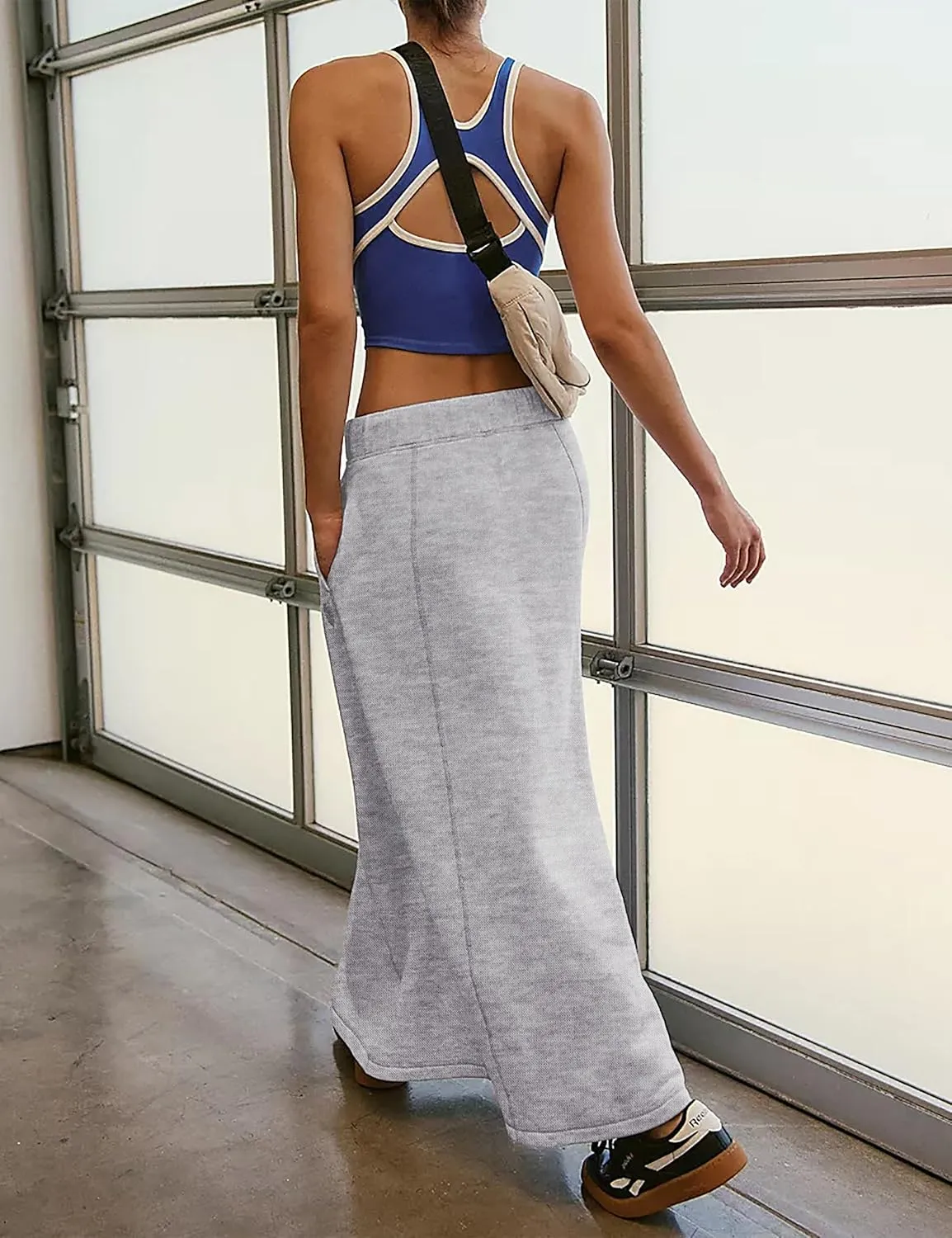 Meladyan Women’s Solid A Line Maxi Sweat Skirt Relaxed Fit Low Waist Athletic Skirt with Pockets