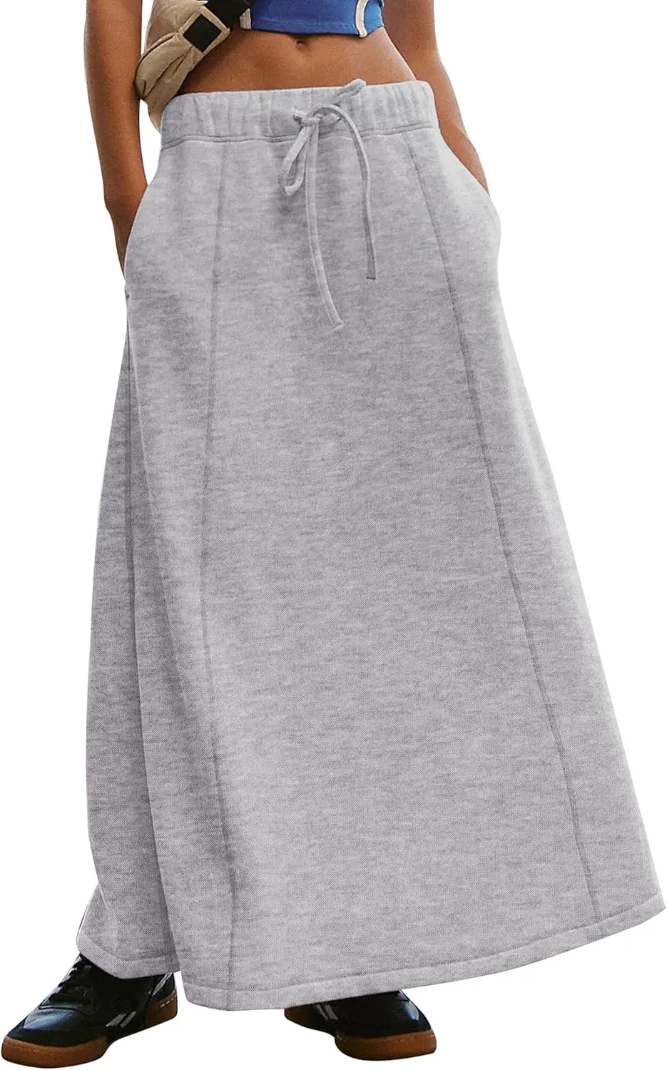 Meladyan Women’s Solid A Line Maxi Sweat Skirt Relaxed Fit Low Waist Athletic Skirt with Pockets