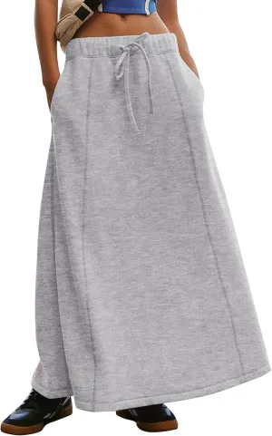 Meladyan Women’s Solid A Line Maxi Sweat Skirt Relaxed Fit Low Waist Athletic Skirt with Pockets