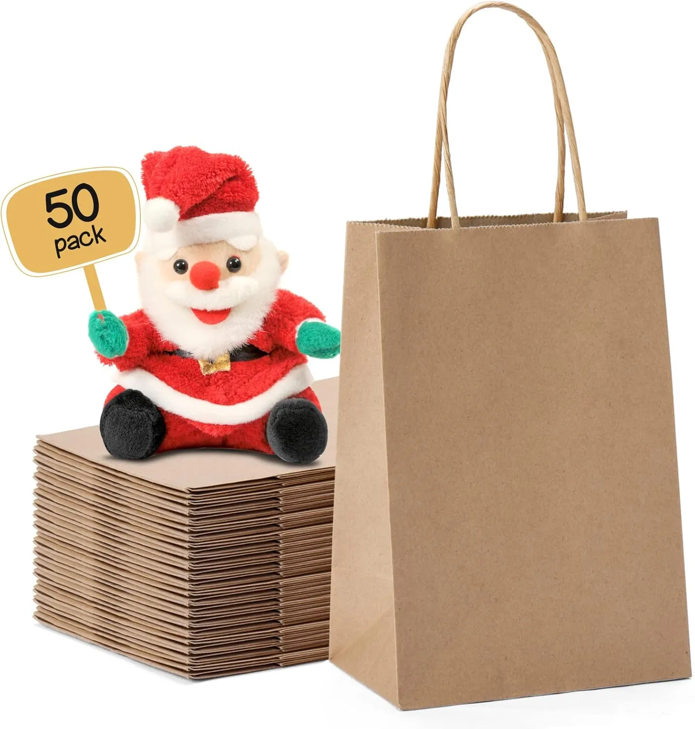 METRONIC Paper Gift Bags 5.25x3.75x8 50Pcs, Christmas Gift Wrap Bags with Handles, Brown Kraft Paper Bags for Small Business, Heavy Duty Bulk Paper Bags for Birthday Party Favors, Shopping, Retail,