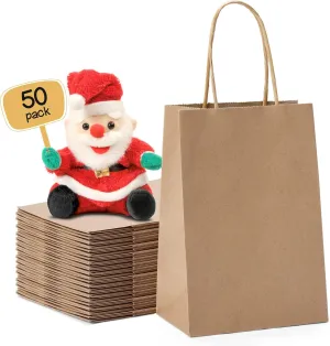 METRONIC Paper Gift Bags 5.25x3.75x8 50Pcs, Christmas Gift Wrap Bags with Handles, Brown Kraft Paper Bags for Small Business, Heavy Duty Bulk Paper Bags for Birthday Party Favors, Shopping, Retail,
