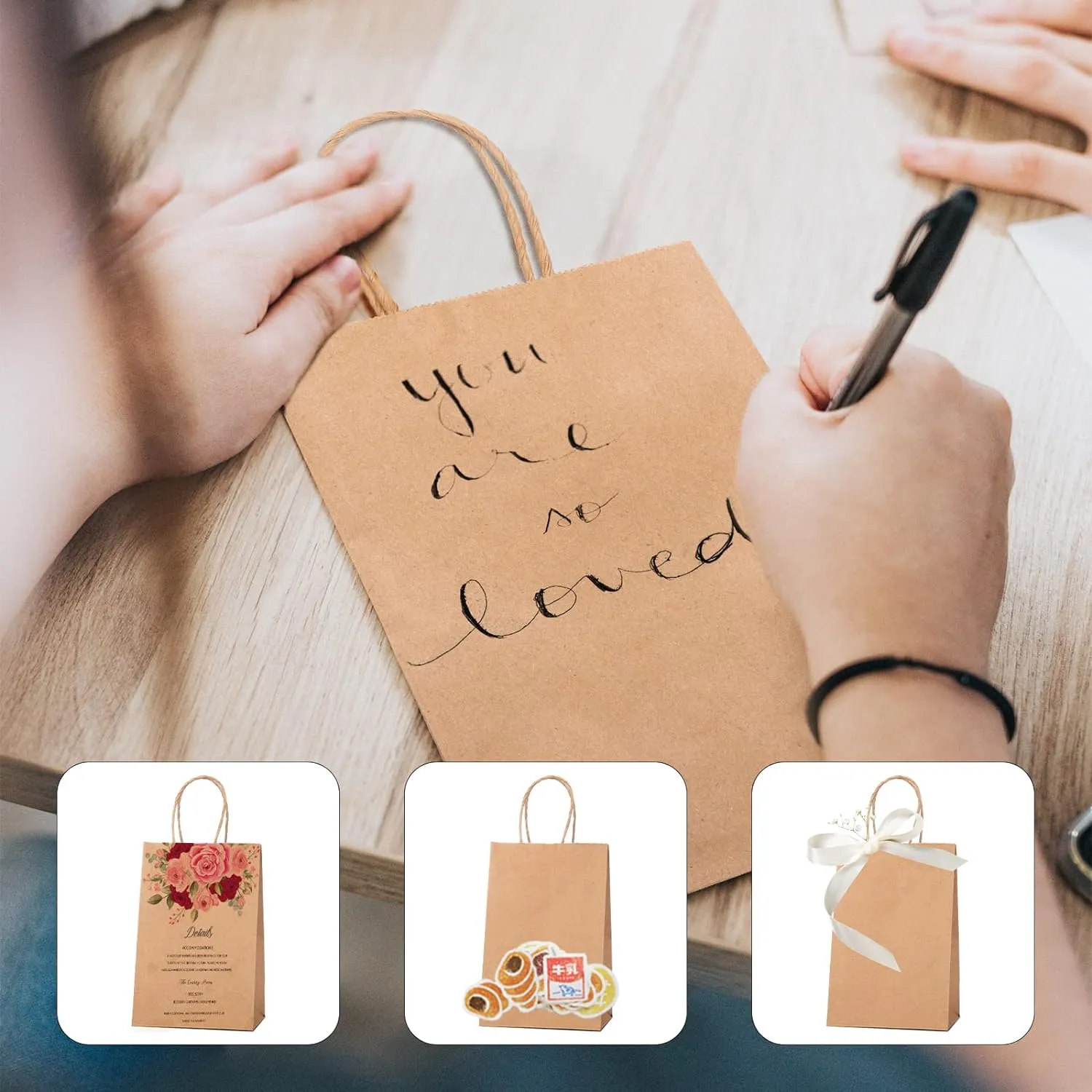 METRONIC Paper Gift Bags 5.25x3.75x8 50Pcs, Christmas Gift Wrap Bags with Handles, Brown Kraft Paper Bags for Small Business, Heavy Duty Bulk Paper Bags for Birthday Party Favors, Shopping, Retail,