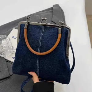 Mini Denim Crossbody Bag For Women,2025 Womens Small Blue Denim Tote Kiss Lock Purse Handbag for Daily Life